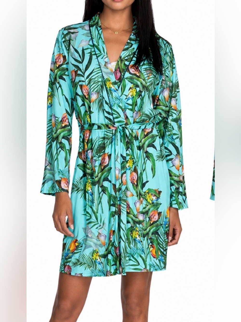 JOHNNY WAS Taina tropical sleep robe Tigers Birds Palm Leaves Floral jade green